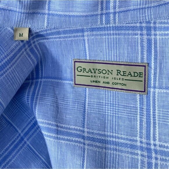 GRAYSON READE MENS SHORT SLEEVE BLUE PLAID LINEN BLEND BUTTON DOWN SHIRT MEDIUM - Picture 3 of 10